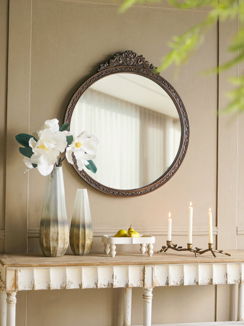 Antique-Style Round Wood Frame Wall Mirror with Floral Pediment, 31.5