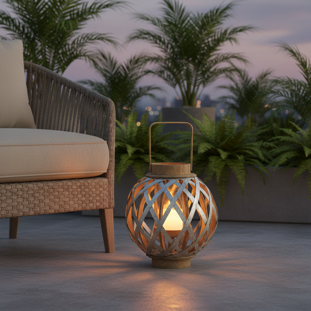 Farol plateado encendido en una terraza elegante